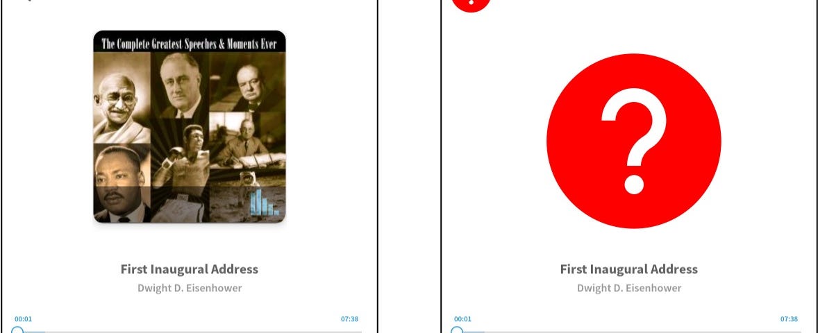 A screenshot of an audiobook app playing a book. Another shot covers the unlabeled buttons with large, red question marks