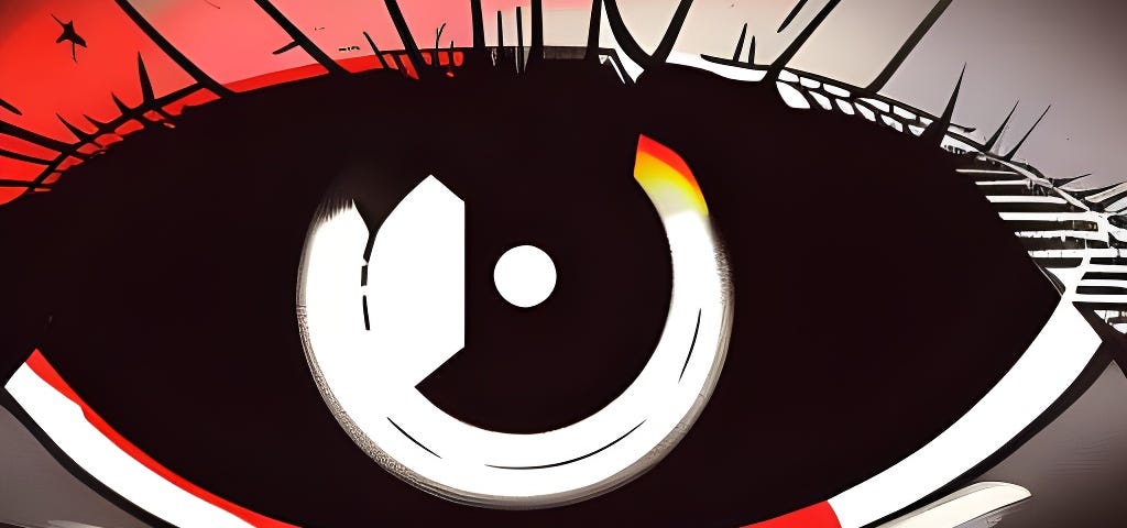 a highly stylized human eye in red, black and white