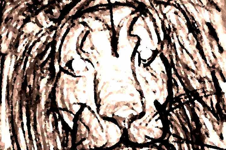 A painting of a lion with black outlines and a hint of orange. Eyes of the lion are white and empty.