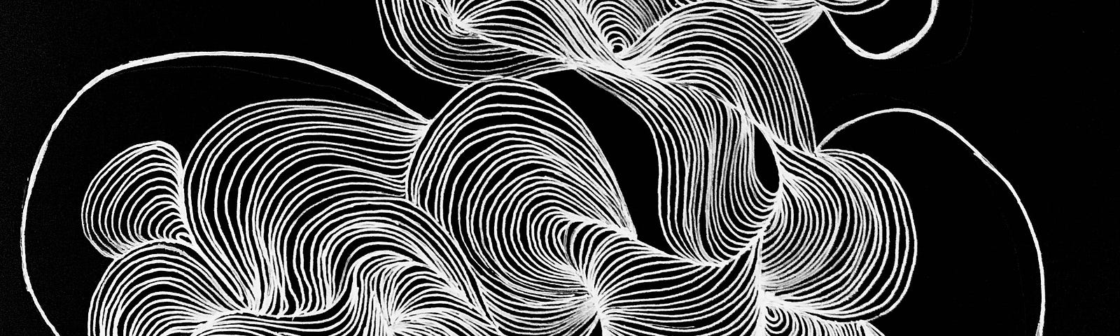 White lines flowing like water on a black background, twisted and intermingling.