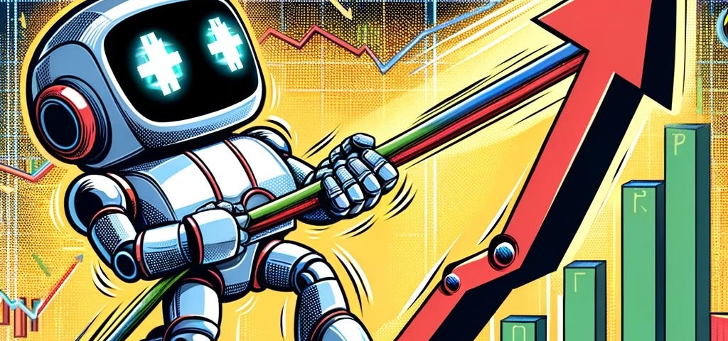 IMAGE: A comic-style illustration featuring a large stock market graph with a robot pulling the graph’s line downwards