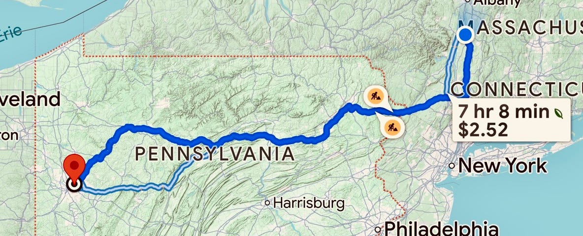 Google map driving route from Hudson valley to Pittsburgh, PA