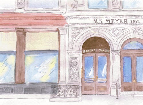 Watercolor illustration of storefronts on a city street. One of them says “N.S. Meyer, Inc.”