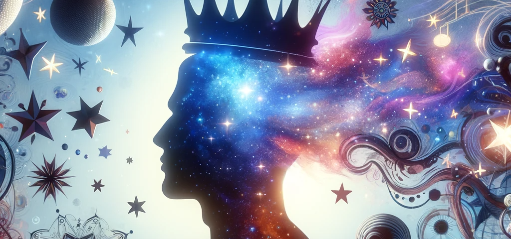 “A silhouetted figure sits on a throne surrounded by a cosmic display of stars, planets, and swirling nebulas, with a crown hovering above, illustrating the grandiosity of fantasy narcissism.”