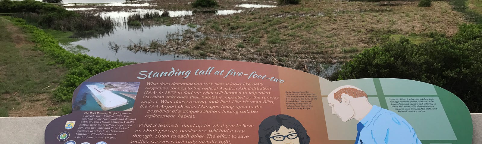 A plaque that describes who Betty Nagamin Bliss was. It overlooks wetlands at Pearl Harbor National Wildlife Refuge.