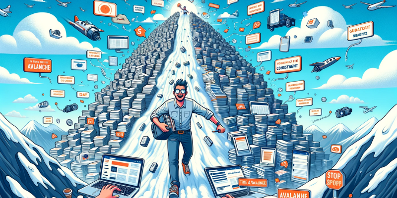 Cartoon man walking down a mountain of articles — I am tripling the content on all my websites