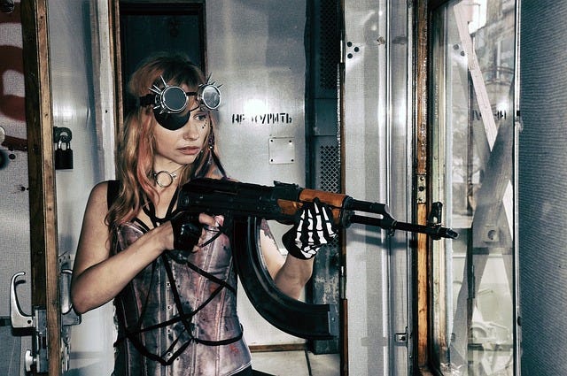 A young woman holds an automatic rifle in a post-apocalyptic indoor setting.
