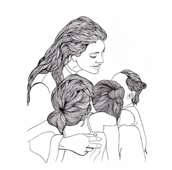 A black and white line drawing of a woman with long hair embracing three children.