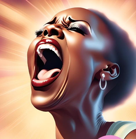 A middle-aged African American woman screaming.