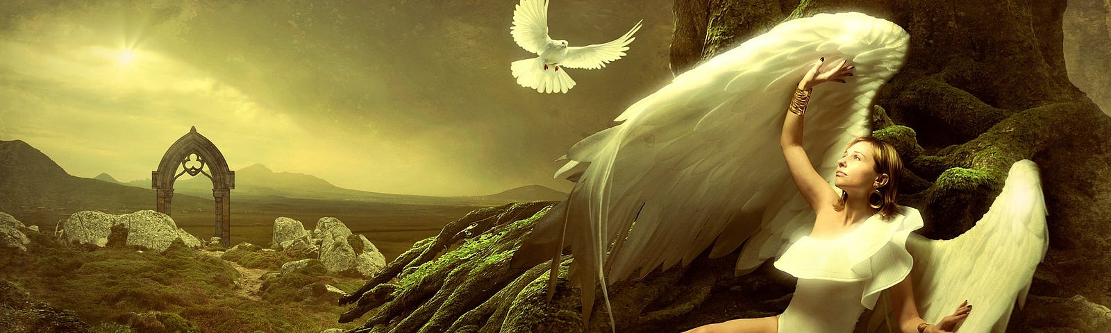 A woman with wings sits at the base of a tree, one wing curved over her head. A dove flies over her. In the background, a stone arch rises from a rocky field. In the sky, the sun breaks through the clouds.