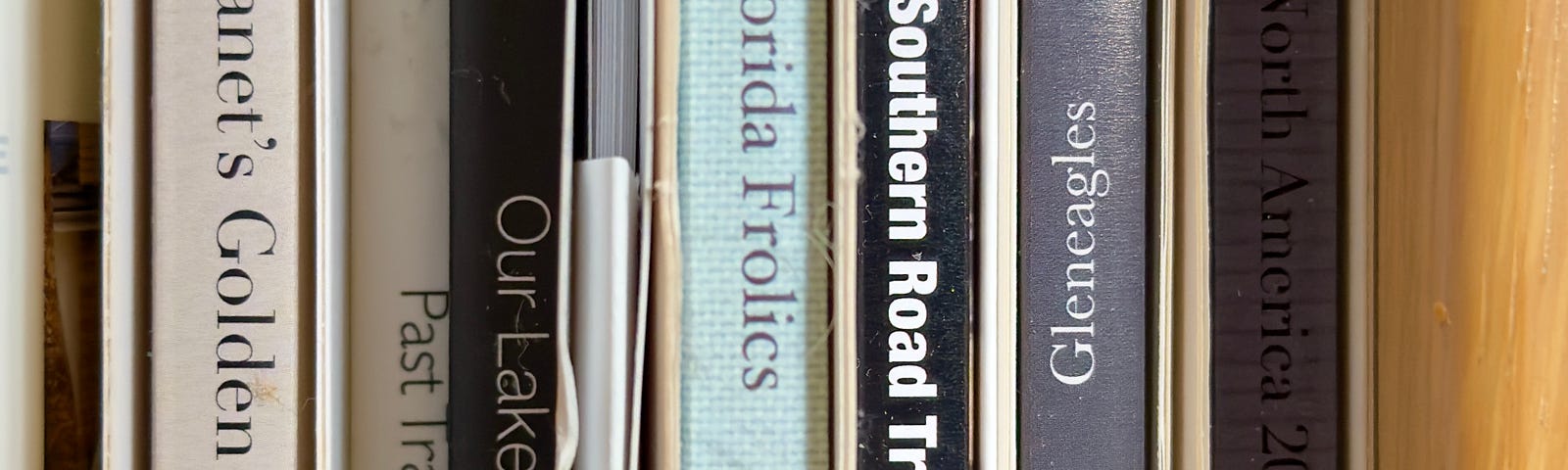 A close-up of the on the spines of Apple Photo Books showing titles like “Southern Road Trip” and “Ian and Janet’s Golden Wedding Anniversary”.