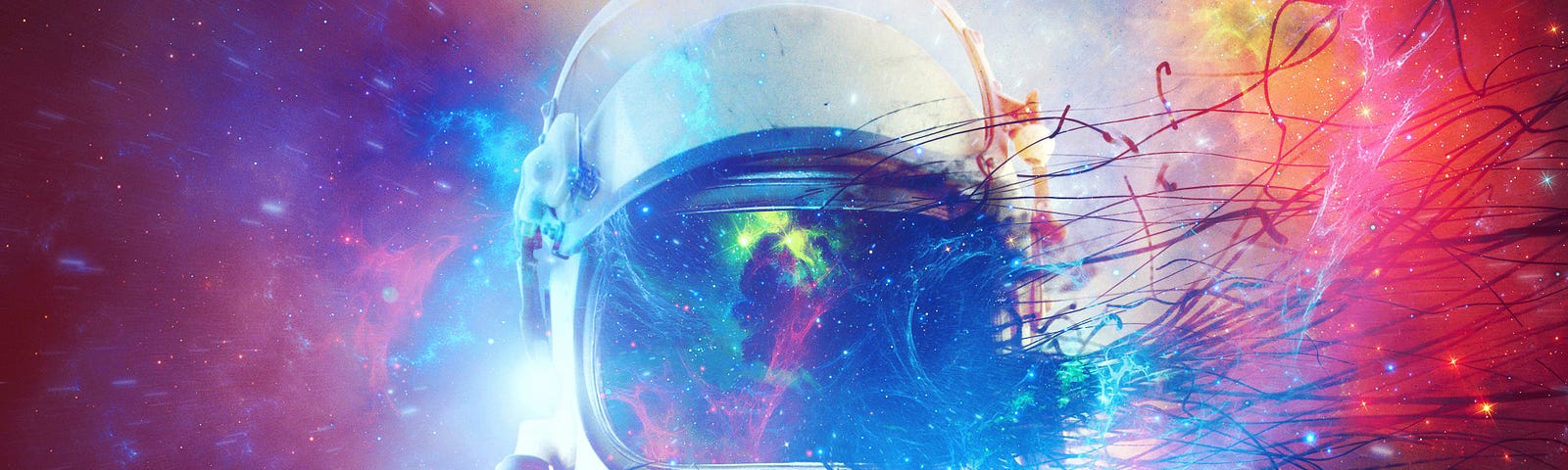 Space hitchhiker with a colourful nebulous effect around their helment.