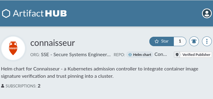 Connaisseur is a Kubernetes admission controller to integrate container image signature verification and trust pinning into a cluster. Its Helm charts are now published on Artifact Hub. The image shows a screen shot of the Artifact Hub Connaisseur repository: https://artifacthub.io/packages/helm/connaisseur/connaisseur
