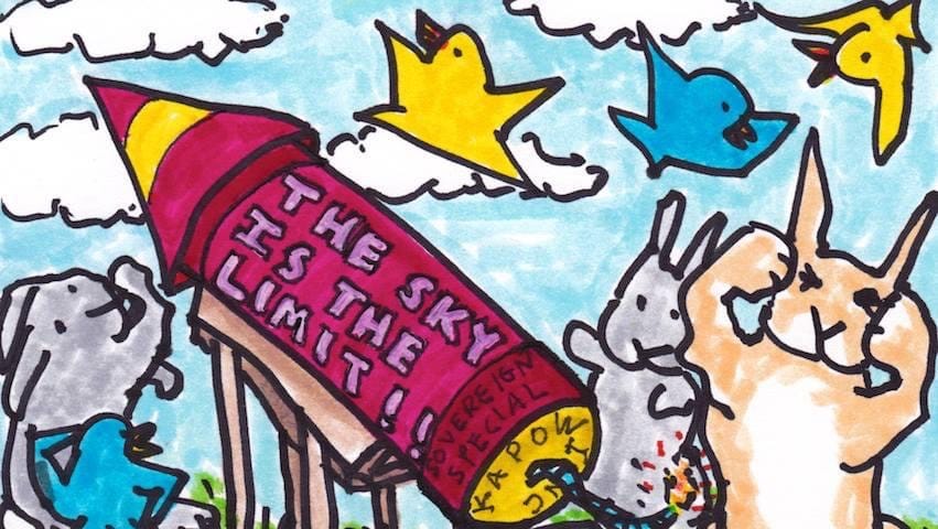 A cartoon of three bunnies and four birds setting off a huge red fireworks rocket. On the rocket are the words, ‘The Sky Is the Limit’, ‘Sovereign Special’, and ‘Kapow Inc.’. The main bunny is wise enough to cover his ears. Art by Doodleslice 2013
