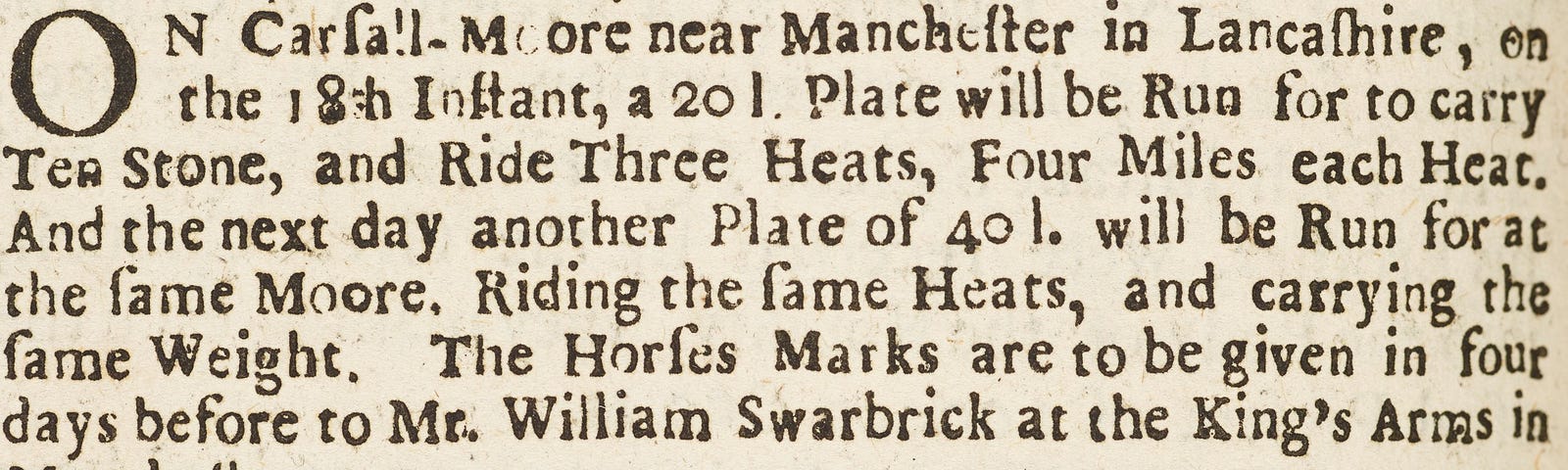 Eight-line newspaper advertisement for two horse races at Kersal Moor, May 1687. Entrants to register at the King’s Arms.