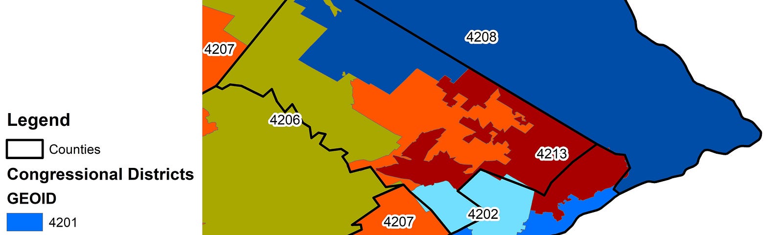 Overlay of congressional districts in the Philadelphia area onto counties, showing the complexity of the overlaps.