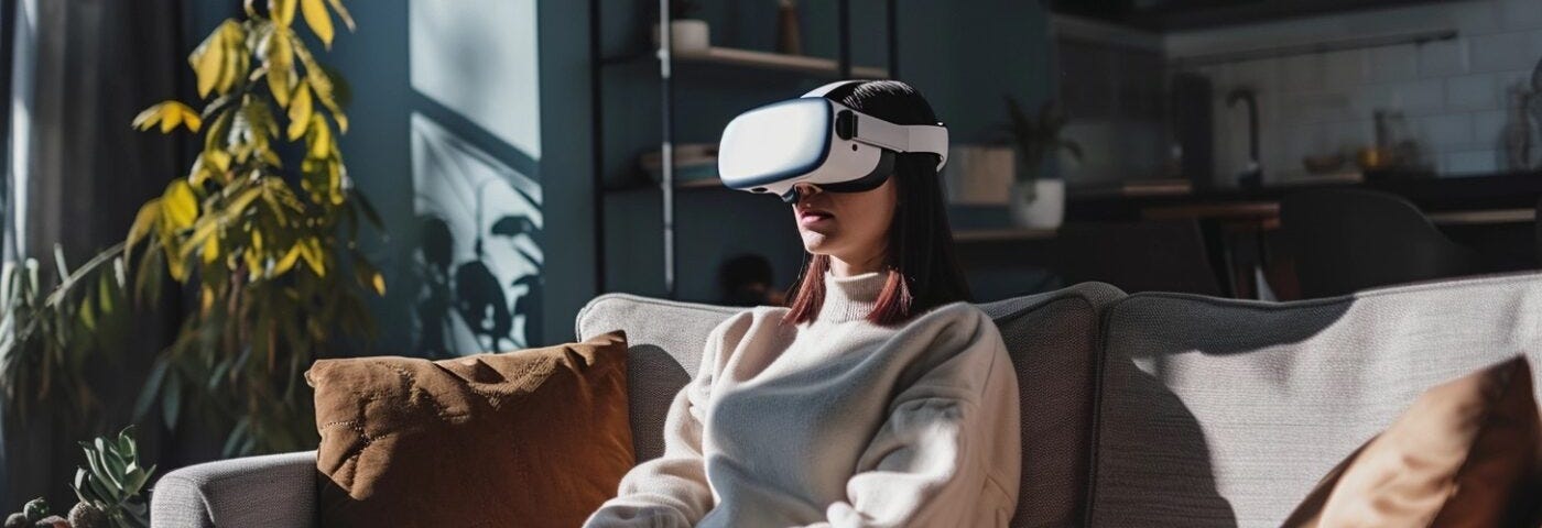 A woman seated wearing a VR headset.