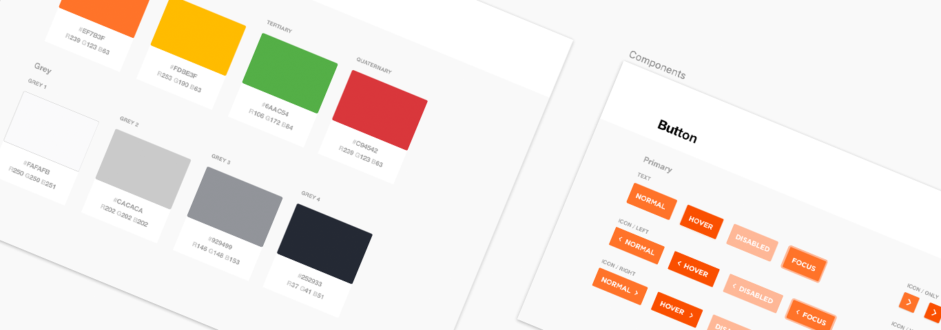 A screenshot of design system components including buttons and colours.