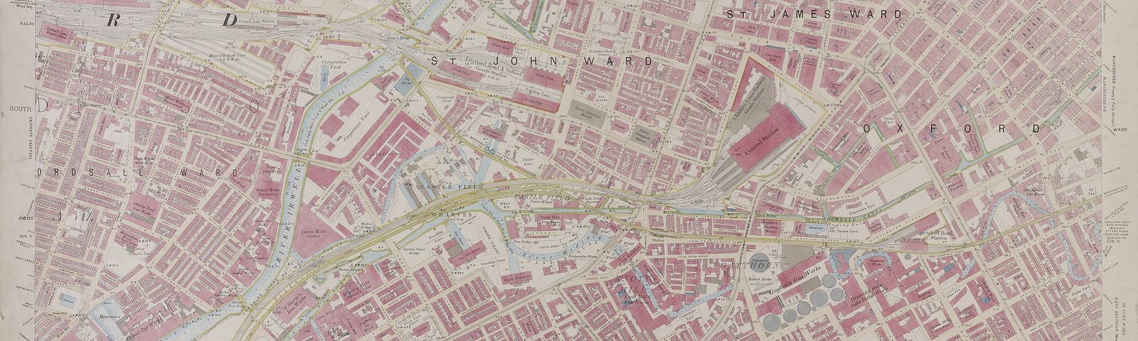 Detailed Ordnance Survey map of Manchester from 1896 featuring Central Station, Castlefield and parts of Hulme.