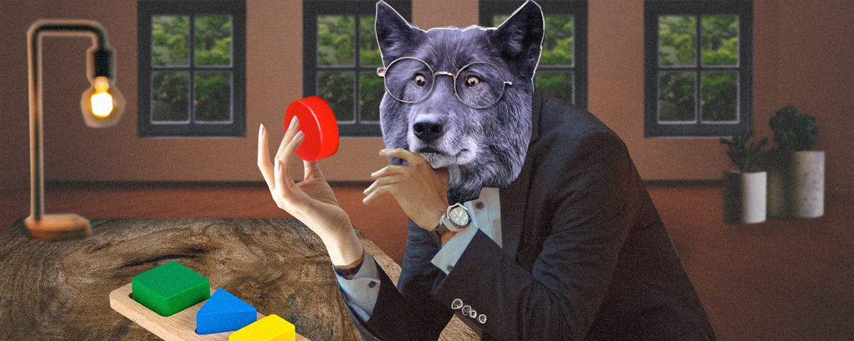 Illustration: a wolf in a business suit and wire-rimmed glasses gazes with intent focus on a child’s colorful wooden puzzle, with four geometric shapes in primary colors.