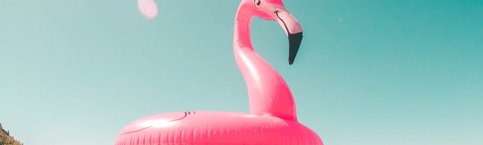 a pink flamingo floatie toy on the water