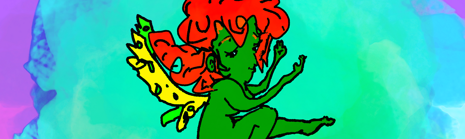 A cartoon of a green fairy (associated with Absinthe). She has yellowish wings, a green body, and orange-red hair. She floats in a a cloud of pastel greens and blues over a purple sky. Art by Doodleslice 2024