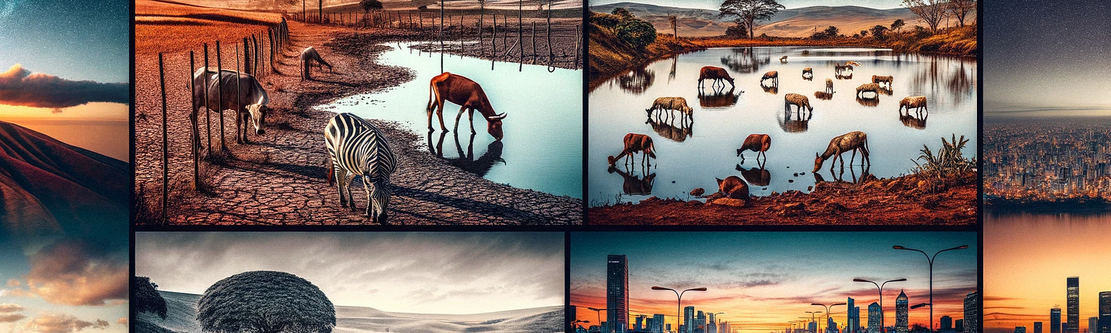Image block created by the Editor via DALL-E 3:. Contrast between arid rural life and the serenity of full lagoons, green grass, and frogs in the ponds, and urban indifference. Scenes capturing the resilience and tranquillity of the countryside, contrasting with the hustle and bustle of the city.