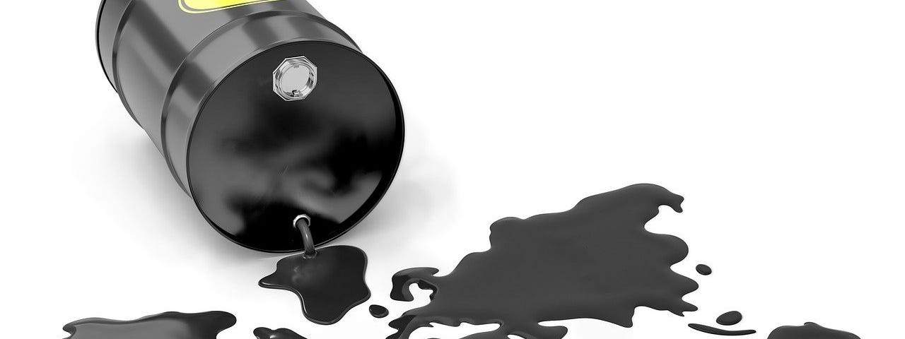 IMAGE: An emptying oil barrel forming a world map with the oil stains escaping from it