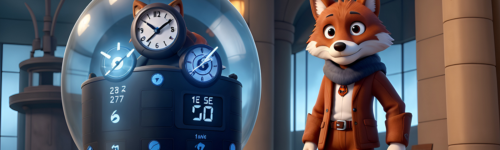 An AI-generated fox in the style of a Pixar 3D animation, wearing an orange jacket and orange pants with a grey scarf, standing next to machine encased in a glass sphere with several clock faces and symbols.