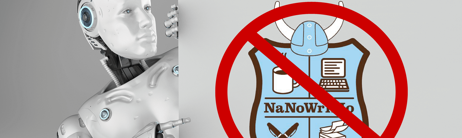 White robot pointing to NaNoWriMo’s logo with a circle with a line “prohibition” over it.