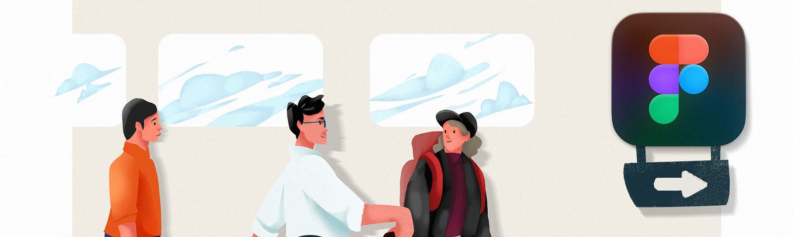 An illustration of three passengers with a sign of Figma that shows the path
