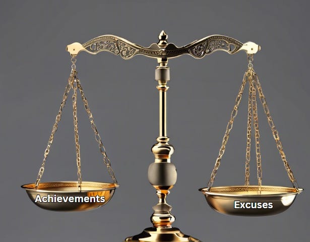 An image of scales, with one side representing achievements and the other side representing excuses. AI image generated courtesy of © ThoughtImprovement.com