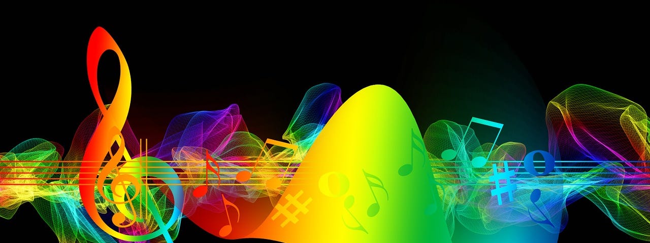 Music symbols in vibrant colours of the rainbow.