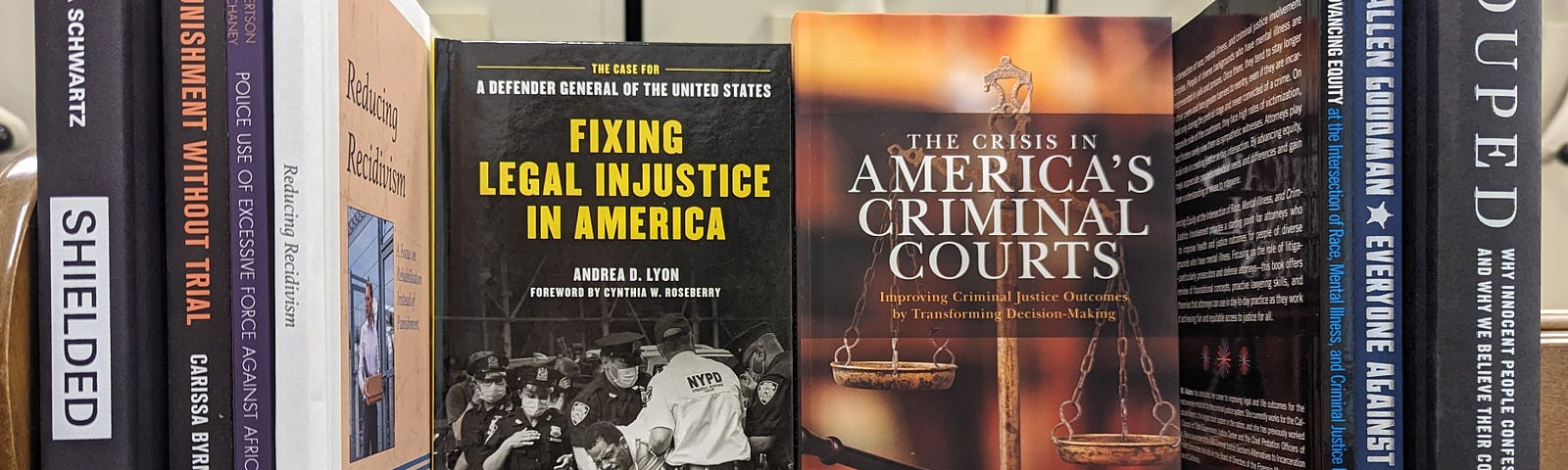 Nine books are displayed on a shelf. Four books on the left and three books on the right are standing with their spines out. The two books in the middle are displayed with their covers out. The titles on these two books are “Fixing Legal Injustice in America” and “The Crisis in America’s Criminal Courts.”