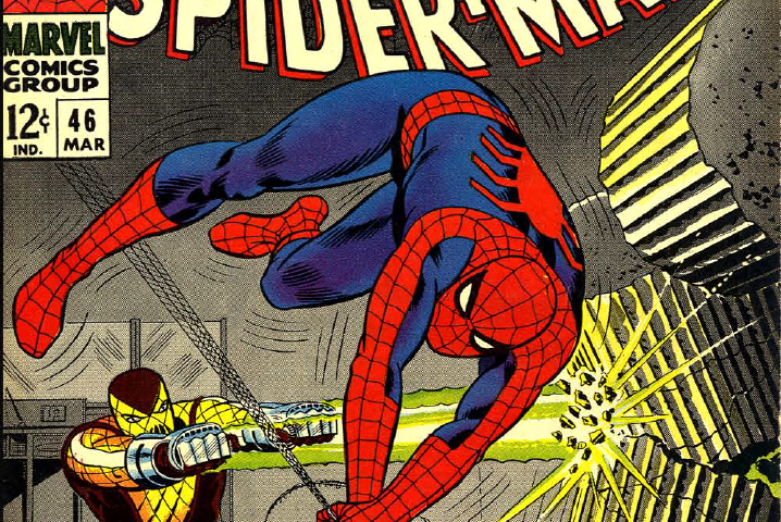 The cover to The Amazing Spider-Man #46. Spidey swings out of the way as the Shocker attempts to blast him.