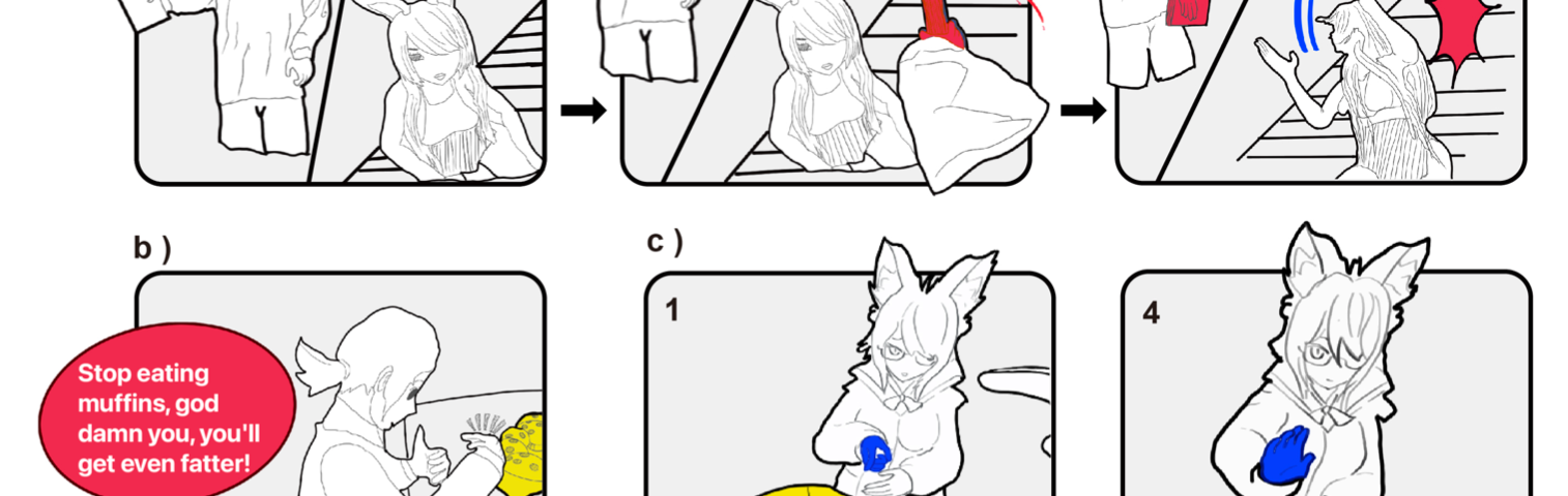 The figure illustrates three types of virtual risks identified in the paper: a) Virtual Violence shows an attacker hitting a victim with a virtual book, causing her to physically fall; b) Virtual Abuse depicts an attacker using profanity and body-shaming the victim; c) Virtual Sexual Harassment features an attacker revealing a sexually explicit object to the victim. Each example highlights how virtual actions can lead to real discomfort.