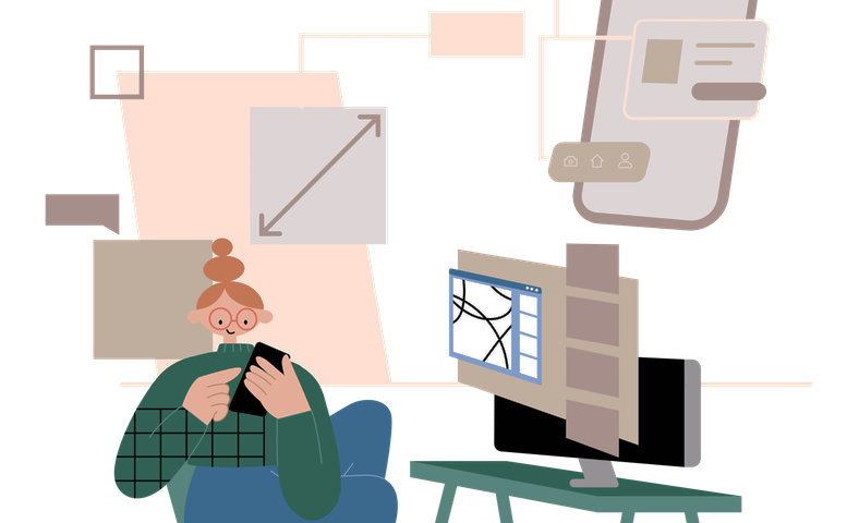 Illustration of a woman seating in her desk with her phone, computer and dog learning and checking accessibility in her design process. Illustration by Irene Falgueras.