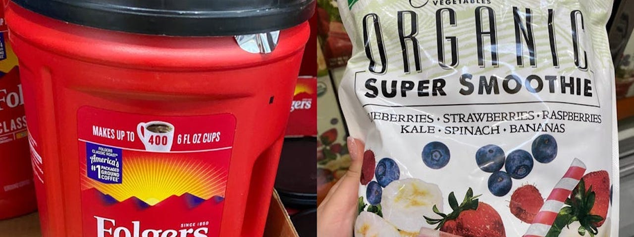 Folgers coffee (left) and a bag of smoothie mix.