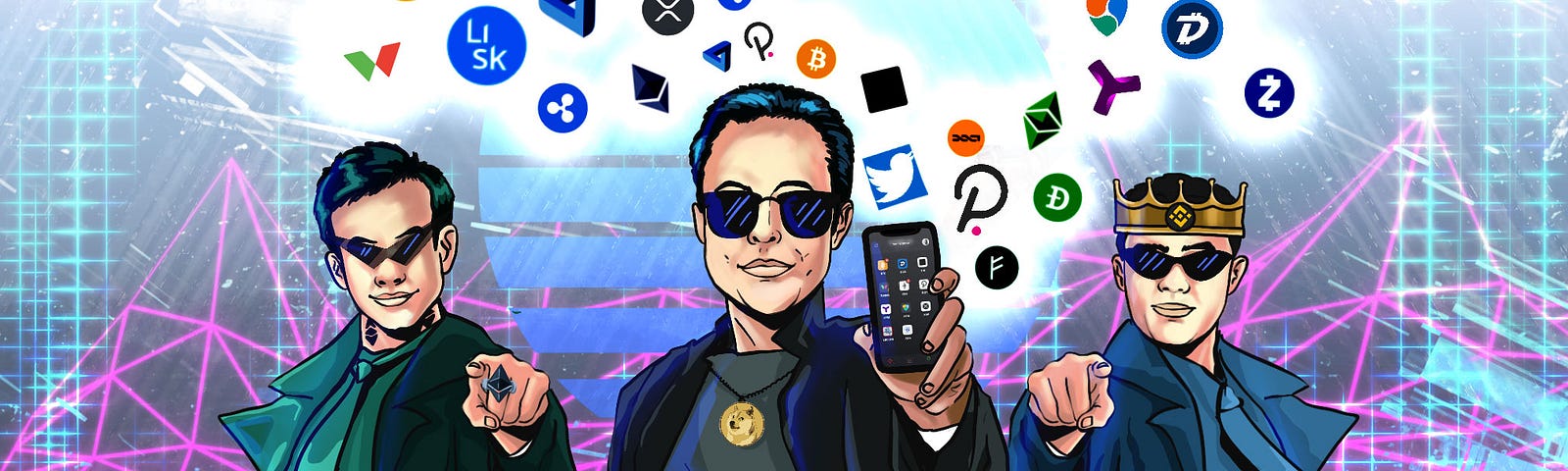 Vitalik Buterin, Elon Musk and Changpeng Zhao are pointing towards the reader and asking: “IS YOUR COIN SUBMITTED FOR LISTING” (on wallet.app)