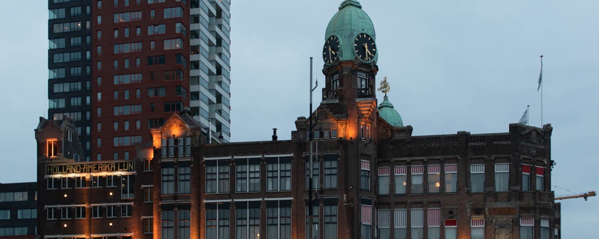 Image is of Hotel New York in Rotterdam, at Kop van Zuid. It was taken on a gloomy December day.