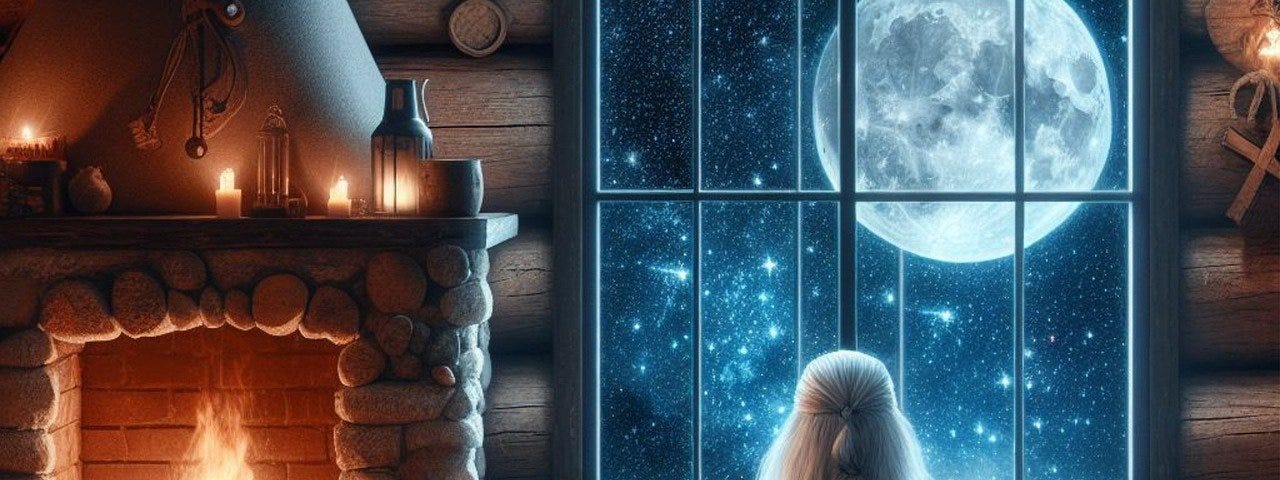 A person with long white hair sits next to a dog by a cozy fireplace, looking at the moon and stars through a window.