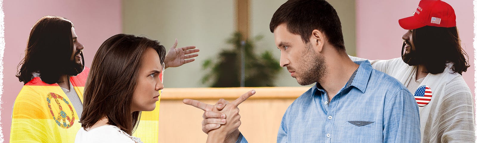 Church couple argues. Behind them Hippie and MAGA Jesus argue as well.