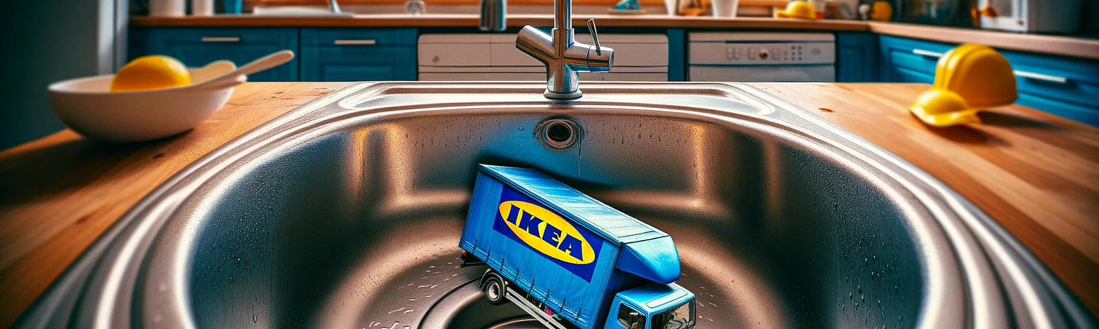 ChatGPT & DALL-E generated panoramic image of an Ikea delivery truck going down a sink’s drain, depicted in a surreal manner.