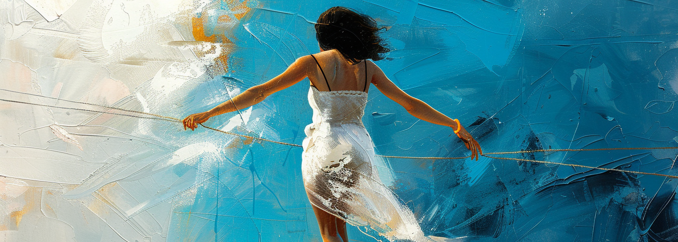 A woman wearing gauzy white walks a tightrope but with ropes to hold onto as she goes. Background hues of white, blue and orange.