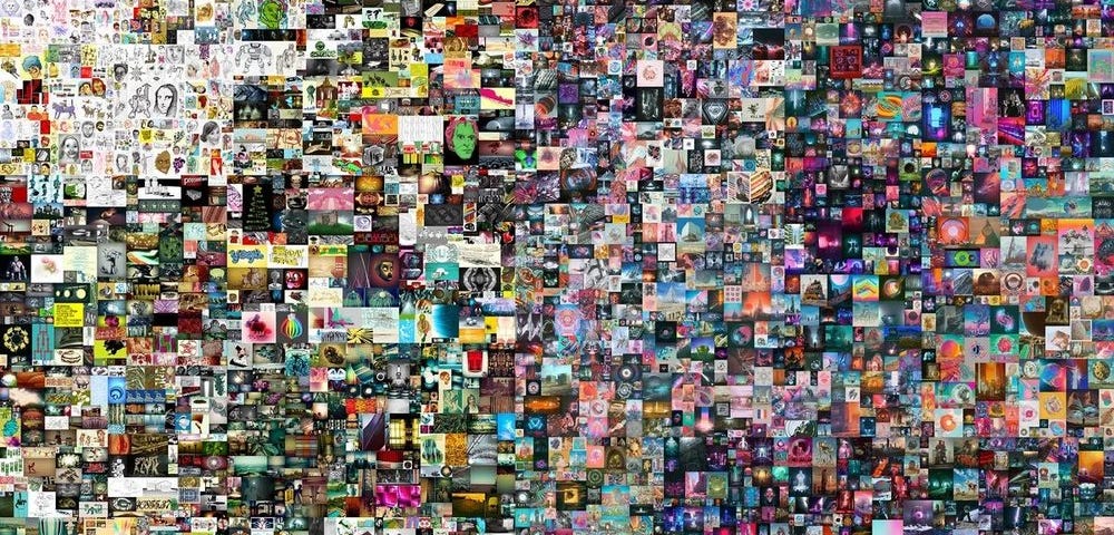 Imagem da obra de arte digital "Everydays: The First 5000 Days", uma coleção de imagens digitais sobrepostas.