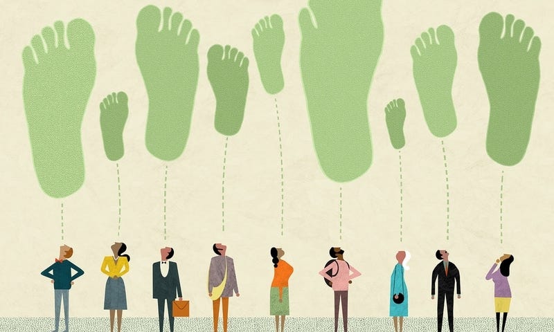 A digital image of a line of cartoon people, each staring up at green footprint shapes of various sizes.