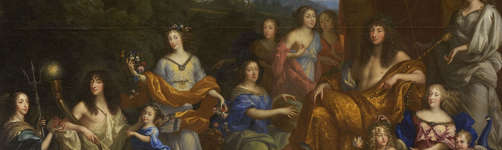 A painting of a large group of people dressed like ancient gods, including men, women, and children. Louis XIV, the king, relaxes in the top right corner.