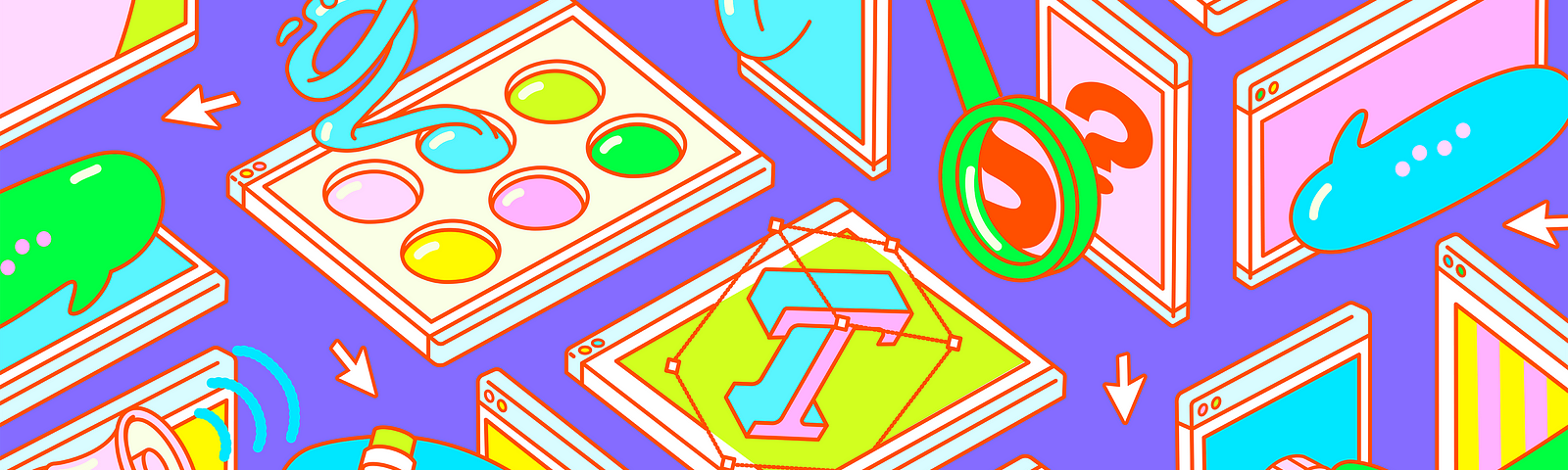 An pink, yellow, teal, and lime green illustration of squares and rectangles on a purple background. From three of the rectangles emerge a pink hand holding dipping a brush into a palette of paint, a blue hand drawing a circular line with a pen, and green hand turning a knob. More rectangles and squares with speech bubbles, pairs of eyes, an ear, a megaphone, and a capital T in a bounding box.