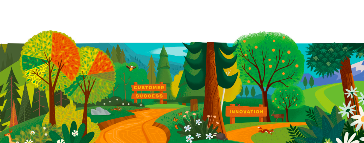 Illustration of paths through a forest with two signs: Customer success and Innovation