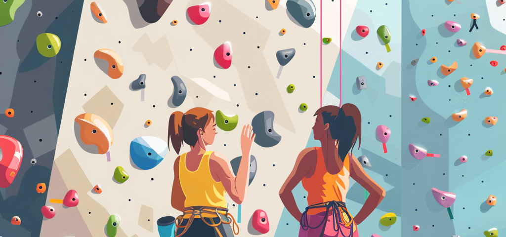 An illustration of two women standing in front of a climbing wall, having a discussion about the climb they are about to do.